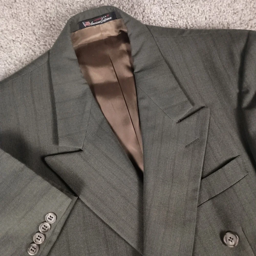 Vintage Stafford 40R Mens Double Breasted Green Blazer w/Black Blue Pinstripe